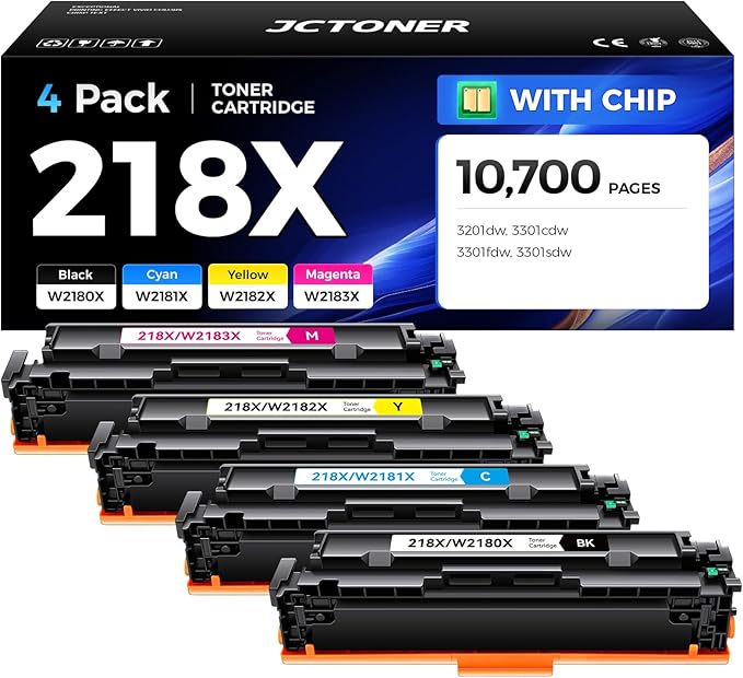 218X Toner Cartridge Set with chip 4-Pack High Yield Replacement for HP 218X W2180X W2181X W2182X W2183X 218A W2180A Compatible with HP Color Laserjet Pro MFP 3301cdw 3301fdw 3301sdw 3201dw Printer