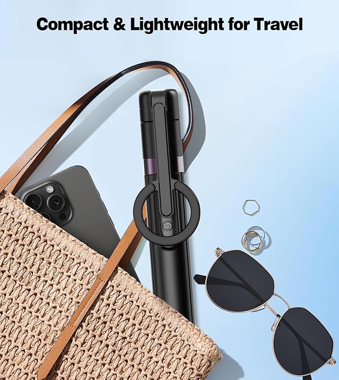 68" Magnetic Selfie Stick Tripod with Rechargeable Detachable Remote for Magsafe, Portable Small Extendable Phone Stand Tripods with Metal Ring, 360° Rotation for Vlog/Live Stream/Travel/Black