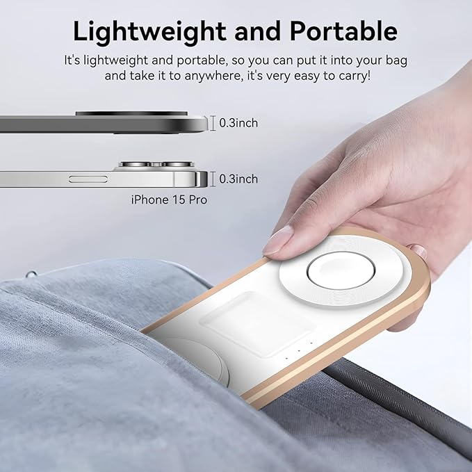 3 in 1 Fast Wireless Charger Stand for iPhone, Foldable Travel Charging Station for Magsafe for iPhone 17/Air/16/15/14/13/12 Series, Apple Watch Series, AirPods pro/2/3/4, Gifts for Women Men (Golden)