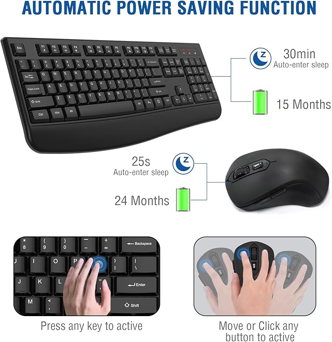 Wireless Keyboard and Mouse Combo, EDJO 2.4G Full-Sized Ergonomic Computer Keyboard with Wrist Rest and 3 Level DPI Adjustable Wireless Mouse for Windows, Mac OS Desktop/Laptop/PC