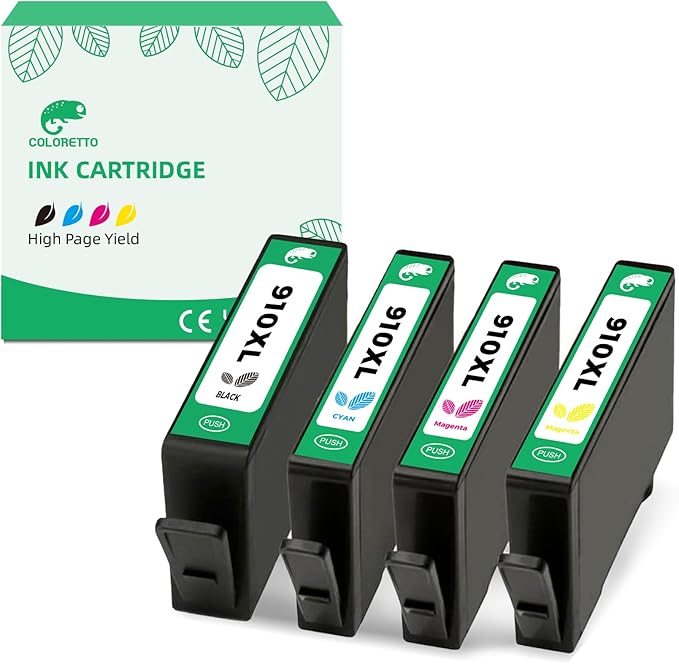 COLORETTO 910XL Ink Cartridges for HP Printers for HP 910 Ink HP910 Compatible for OfficeJet Pro 8015e 8025e 8028e 8010 8025 8020 8020e 8035 8028 8015 8022 Printer Cyan Magenta Yellow 4 Pack