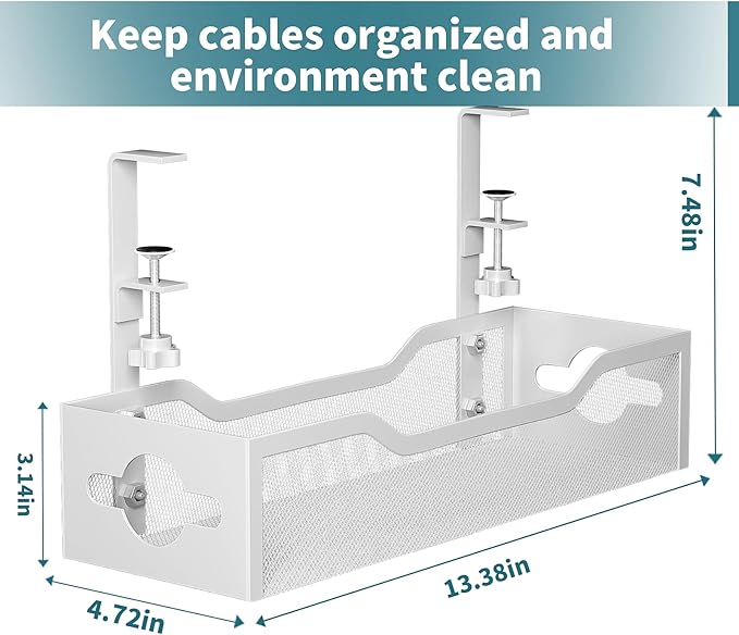 Under Desk Cable Management Tray No Drill, 13.38'' Metal Tray with Clamp for Wire Management, Litwaro Cord Organizer Home Office Damage to Standing Desk, White