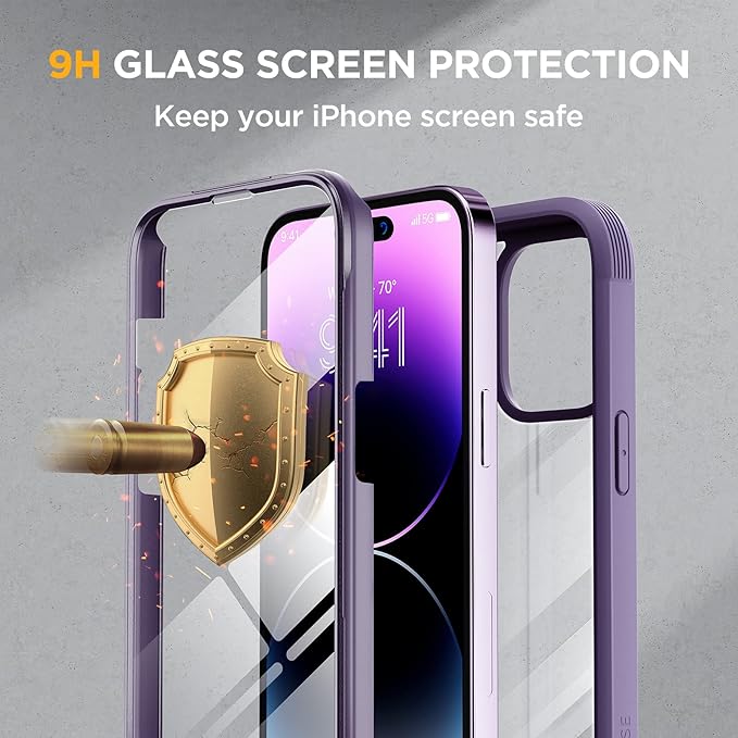 Miracase Glass Series Designed for iPhone 14 Pro Max Case 6.7 Inch, Upgrade Full-Body Bumper Case with Built-in 9H Tempered Glass Screen Protector, with Camera Lens Protector, Dark Purple
