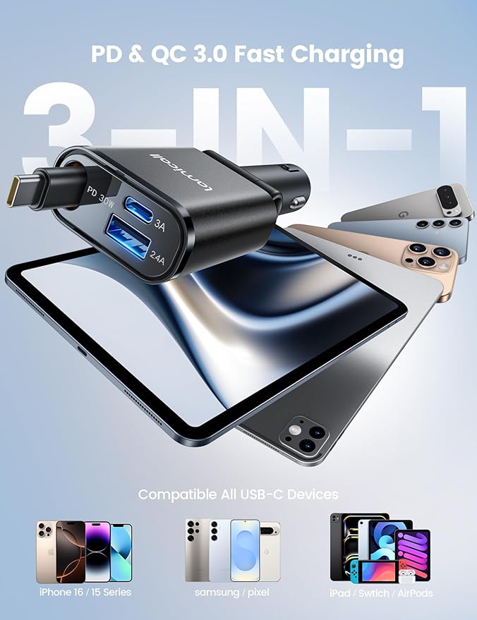 Lamicall Retractable Car Charger USB C Fast Charging 57W Type C Car Phone Charger fit iPhone 16 16e 15 Pro Max Plus Samsung Galaxy S25 S24 Ultra Pixel Android PT-47-Black