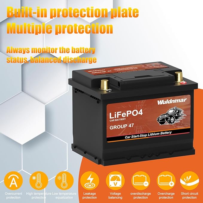 12V BCI Group 47 LiFePO4 Lithium Car Battery 600CCA Lightweight Automotive Start-Stop Battery Size H5