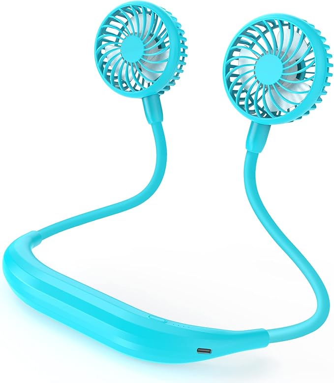 Portable Neck Fan, 2600mAh Battery Operated, Ultra Quiet Hands Free USB Fan with 3 Speeds, Strong Wind, 360° Adjustable High Flexibility Wearable Personal Fan for Sport Office Outdoor Travel (Cyan)