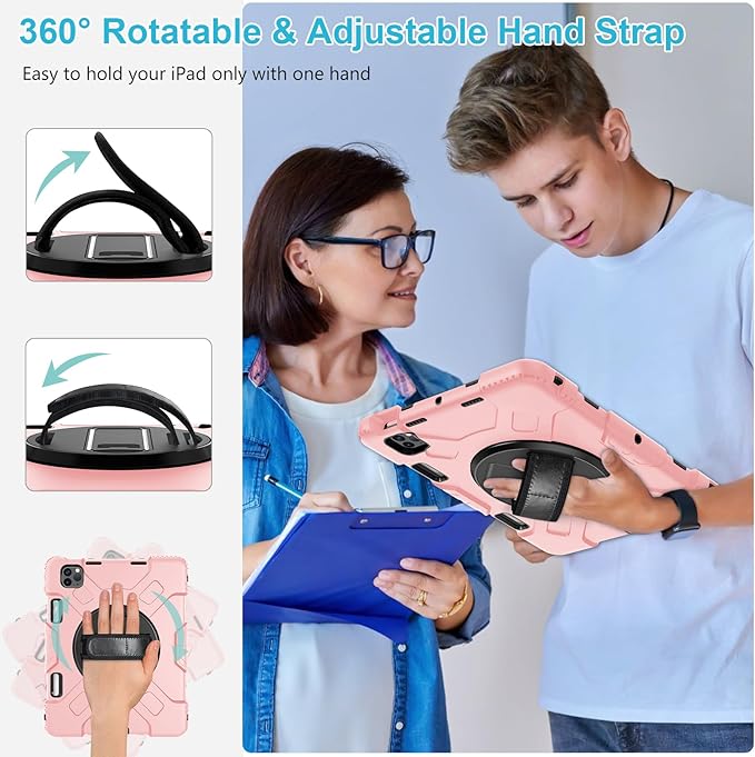 Case for iPad Pro 11 Inch 2022/2021/ 2020/2018: Silicone Cover for iPad 11 Inch 4th/ 3rd/ 2nd/ 1st/ Generation with Screen Protector- Stand- Handle- Shoulder Strap- Pencil Holder- Rose Gold