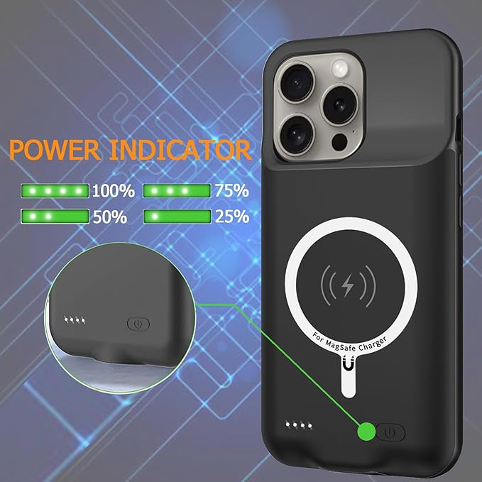 Battery Case for iPhone 15 Pro, Full Encircle 10000mAh High Capacity Rechargeable Portable Charger Case Extended Battery Pack for iPhone 15 Pro (6.1 inch) Wireless Charging Case with Carplay-Black
