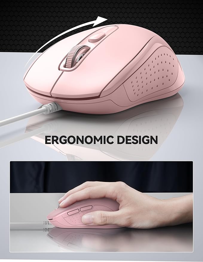 TECKNET USB Wired Mouse, 3600DPI Corded Computer Mouse with 4 Adjustable Levels, 6-Button 5FT Cord Ergonomic Mice, Home and Office Mouse for Laptop PC Desktop Notebook - Pink