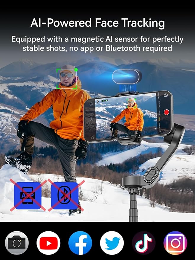 Gimbal Stabilizer for iPhone with AI Tracking Sensor, Elevate Your Filming w/7.8" Extension Rod and OLED Screen for Gimbal, iPhone Gimbal w/8.0 Stability for Sports Shooting-Smart X2 AI Black