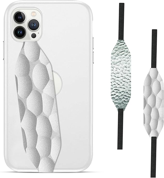 Phone Grip Strap - Pack of 2 Reversible Finger Holder for Phone Back, Customizable Anti-Slip Design, Wireless Charging Compatible Detachable Holder for iPhone - Hammered Metal Silver