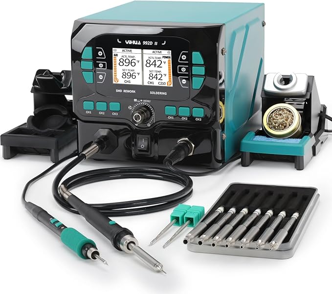 YIHUA 992D-II 2-IN-1 Precision Soldering Kit with Hot Air Pencil and C210 Soldering Iron, Precision Soldering Station with Dynamic LCD Display, Low-Wear Mode, 3 Preset Channels, 8 Hot Air Nozzles