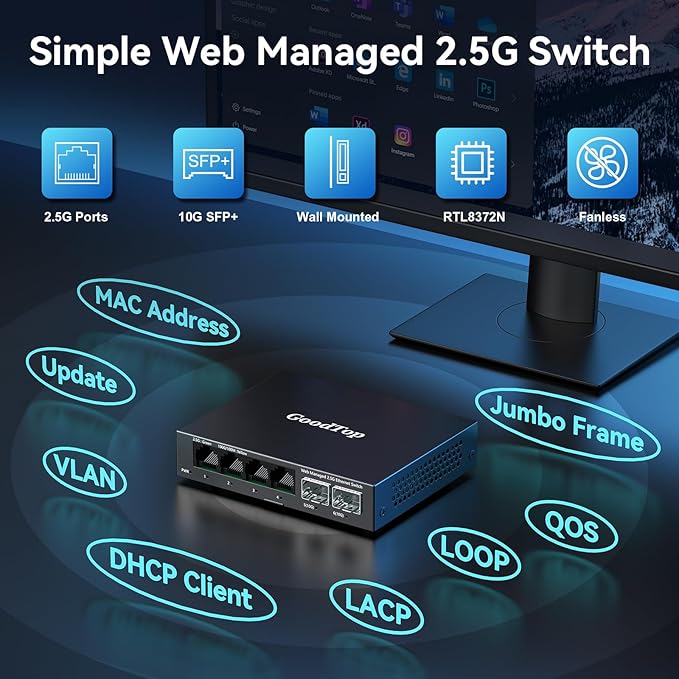 6 Port 2.5Gb Web Managed Switch,4 x 2.5GbE Ports,2 x 10G SFP+,Web Managed with Link Aggregation/VLAN/QOS, Metal Fanless Home Lab Network Switch