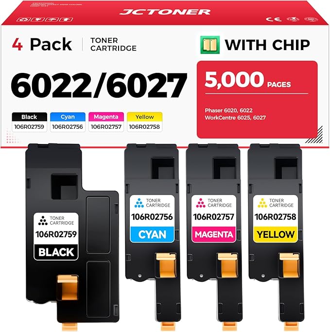 6022 6027 Toner Cartridge Set 4-Pack Replacement for Xerox 106R02759 106R02756 106R02757 106R02758 Compatible with Xerox Phaser 6020 6022 WorkCentre 6025 6027 Color Printer Black Cyan Magenta Yellow