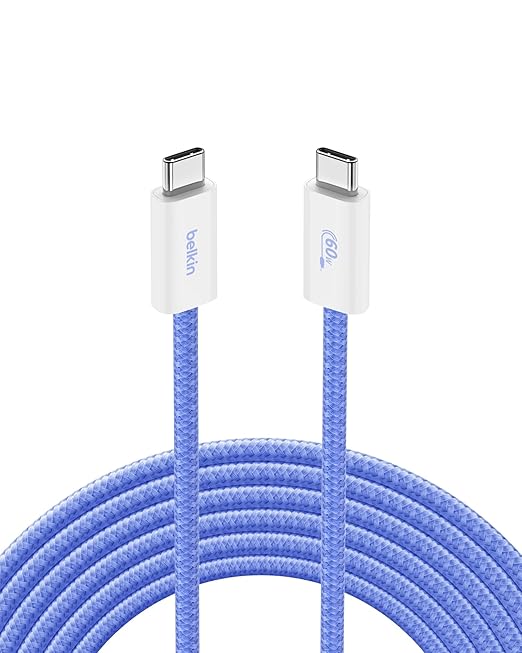 Belkin USB C to USB C Cable, 9.9ft, 60W - Type C Charger, iPhone Charger Cord, Soft, Braided, Flexible for iPhone 16, Galaxy S25, Pixel 9, Airpods, iPad Pro, Tablet & More, Travel Essentials - Blue