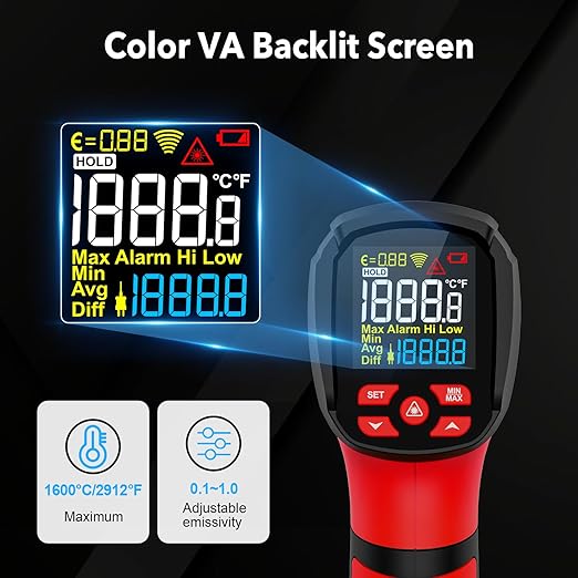 -40℉~2912℉ MESTEK Infrared Thermometer Temperature Gun,50:1 Dual Laser High Temp Thermometer with Thermocouple Probe, Non-Contact Industrial Pyrometer for Engine, Kiln, Forging, Industrial Use
