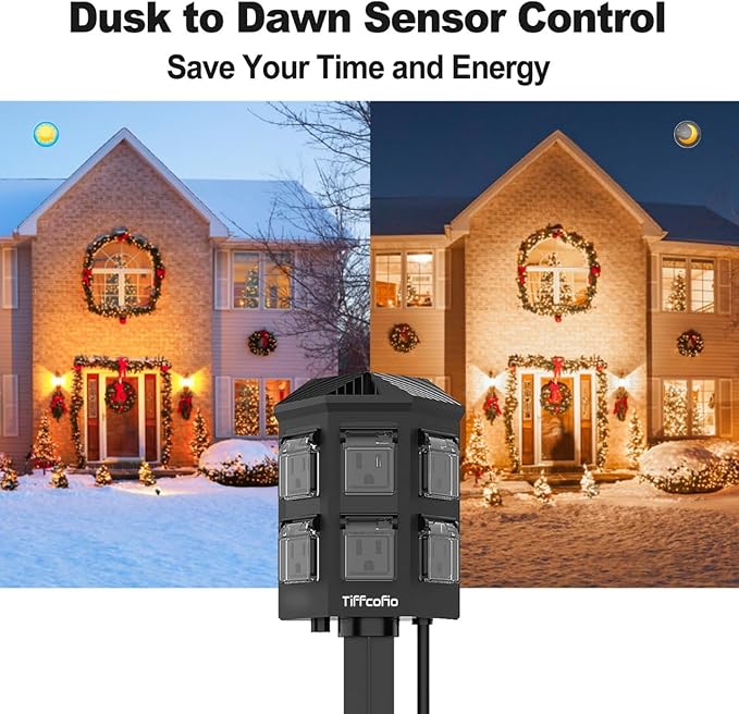 TiFFCOFiO Outdoor Power Strip Timer, Dusk to Dawn Light Sensor Countdown, 25 Feet Extension Cord Waterproof, 6 Grounded Outlets for Halloween and Christmas Decorations, ETL Listed (25 FT)