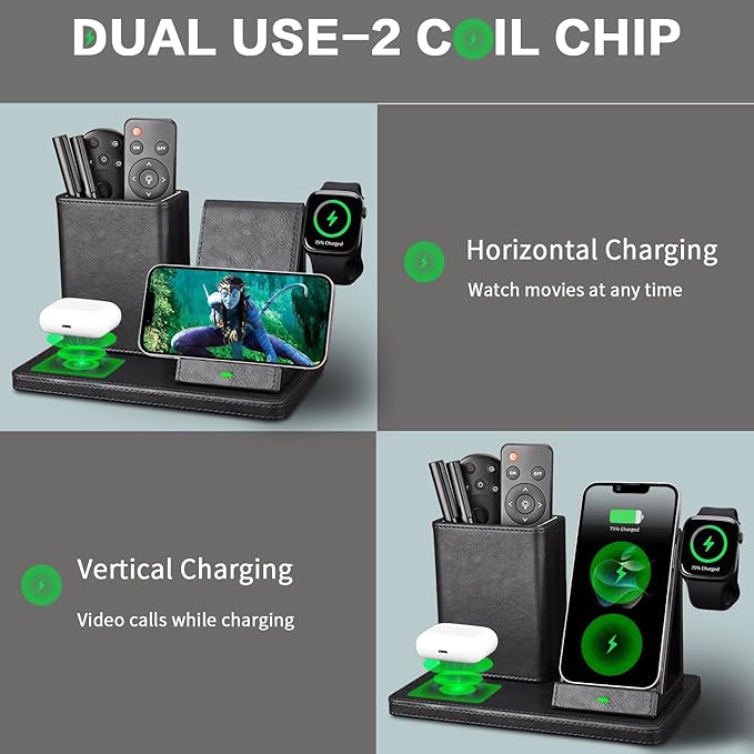 White Leather Pen Holder Desk Organizer with 3-in-1 Wireless Charger for Phone, Earbuds, Watch - Desktop Phone Stand,Birthday Gifts for Women,mom Gifts (Black)