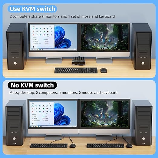 KVM Switch 3 Monitors 2 Computers 8K@60Hz/4K@144Hz, HDMI Displayport KVM Switches for 2 PC Sharing Triple Monitor and Keyboard Mouse with Power Adapter, Wired Extend Controller and USB3.0 Cables