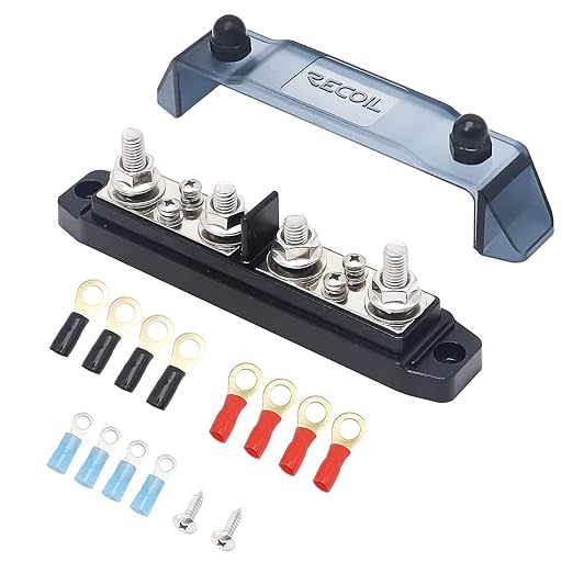 Recoil BBPG4 Bus Bar Positive and Negative 4 x 5/16”(M8) Studs and 4 x #8 Screw Terminals Power Distribution Block Busbar with Ring Terminals 150 Amp Rating