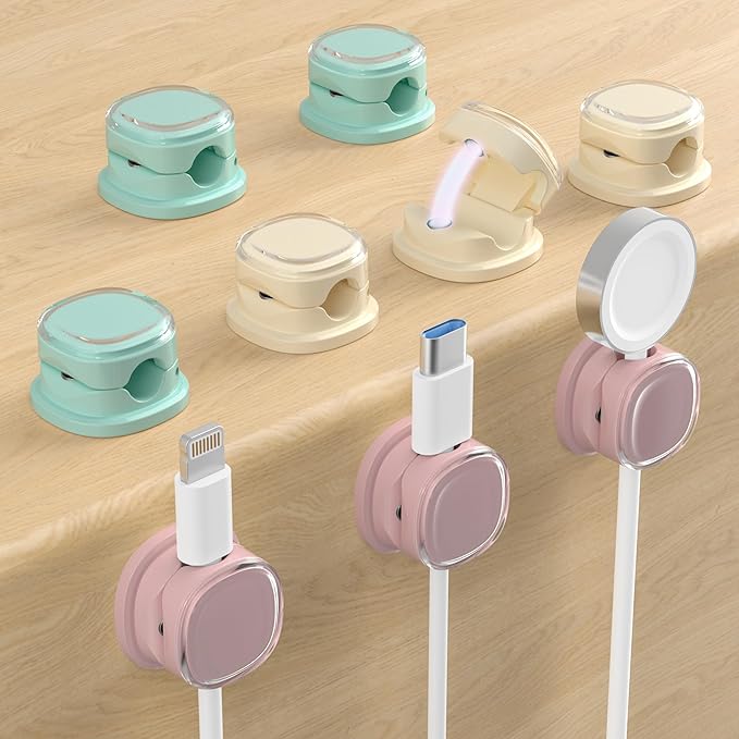 Magnetic Cable Clips, Adjustable Cord Holder Management, Adhesive Wire Keeper Organizer for Home Office Desk Phone PC Car Wall Desktop Nightstand Appliance (9-PCS Purple_Apricot_Cyan)