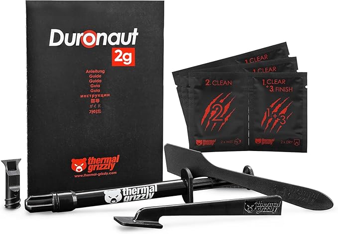 Thermal Grizzly - Duronaut - Enhanced Durability & High Performance Thermal Paste - for Maximum Conductivity While Overclocking CPU/GPU/PS4/PS5/Xbox with 12 Cleaning Wipes 6 Wet & 6 Dry (2g + Wipes)