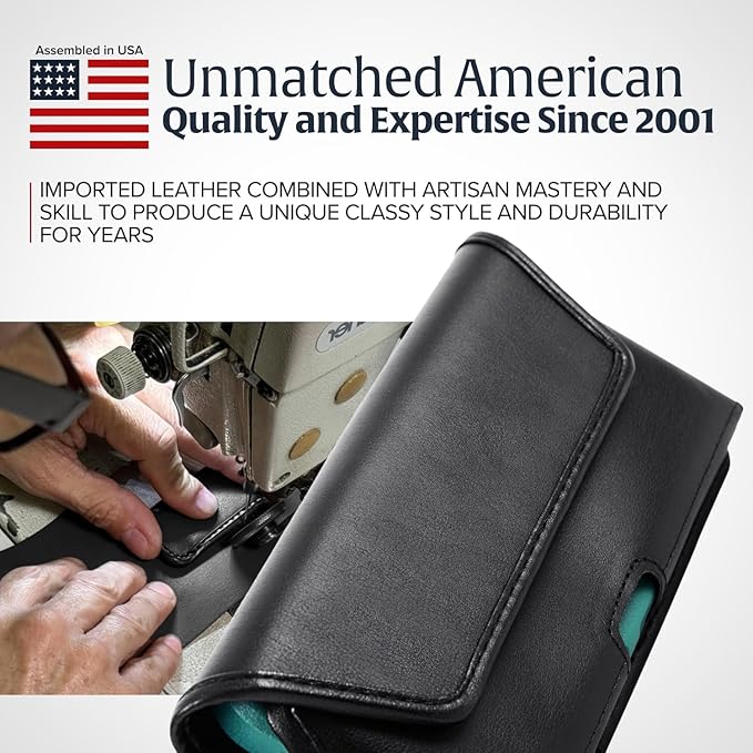 Turtleback Belt Clip for iPhone 16 Pro, 16e, 15 pro 14 Pro 13 Pro -Medium- Fits w/Shockproof Commuter Style Cases, Premium Black Leather, Horizontal Belt Holder, Magnetic Closure HD Rotating Clip