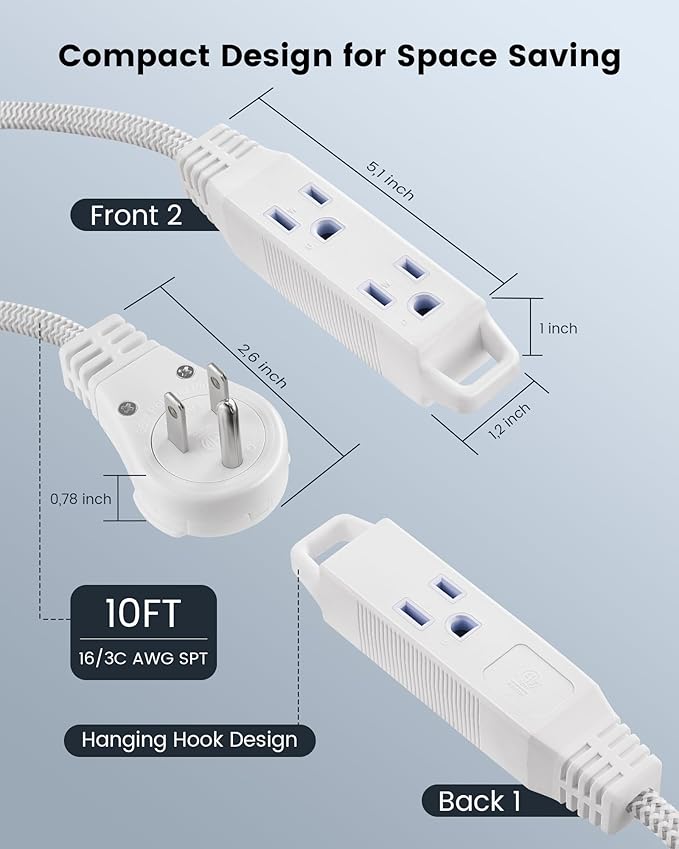 SURAIELEC 10FT 360° Rotating Flat Plug Extension Cord Flat Wall Plug with 3 Outlets, Braided Flat White Extension Cord for Indoor Use, Home, Office, 16/3C SPT, ETL Listed