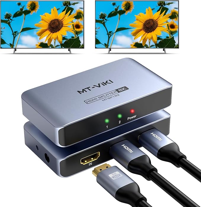 MT-VIKI 4K@120Hz HDMI Splitter 1 in 2 Out Aluminum HDMI Splitter 2.1, 8K@60Hz Duplicate/Mirror, 40Gbps, HDCP2.3, EDID (Non-bidirectional)