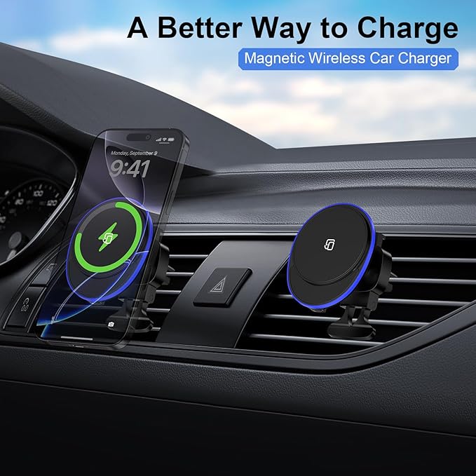15W Magnetic Car Mount Wireless Charger for Samsung Galaxy S25 Ultra Z Fold7 Flip7 S24 FE S23 Plus S22 S21 MagSafe Wireless Charger Air Vent Auto Car Phone Holder for iPhone 16e 16 Pro Max/Plus 15 14