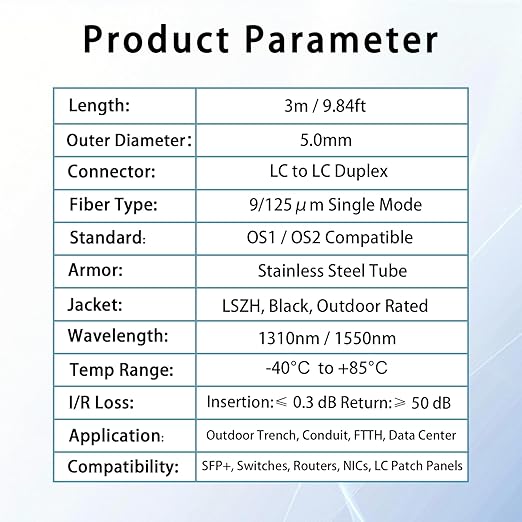 3M/10FT LC to LC Armored Outdoor Fiber Optic Cable, Single Mode Duplex 9/125μm SMF Fiber Patch Cord, OS1/OS2 Compatible, Black LSZH Jacket, Uniboot Jumper for FTTH, Data Center, Long-Distance Use