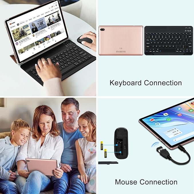 Android 14 Tablet 10 Inch Tablets, 20GB+128GB/1TB Expandable, Tablets with Octa-Core, WiFi 6, Dual Camera, BT 5.0, 6000mAh Battery, HD IPS Display, Widevine L1, Tablet with Keyboard Mouse - Rose Gold