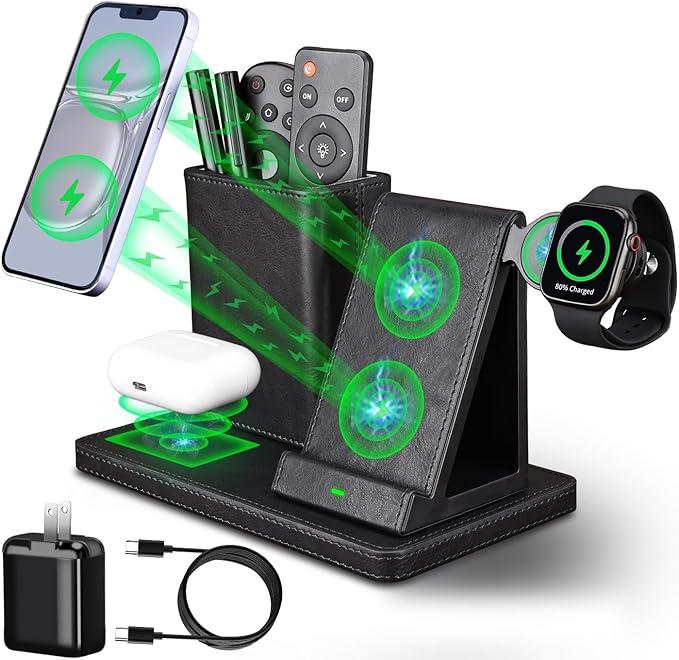 White Leather Pen Holder Desk Organizer with 3-in-1 Wireless Charger for Phone, Earbuds, Watch - Desktop Phone Stand,Birthday Gifts for Women,mom Gifts (Black)