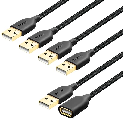 OKRAY USB Extension Cable 5 Pack, 6FT Nylon Braided USB 2.0 Extension Cables Type A Male to A Female Extender Cords with Gold-Plated Connectors for Printer, Webcam, USB Flash Drive, Hard Drive, Mouse