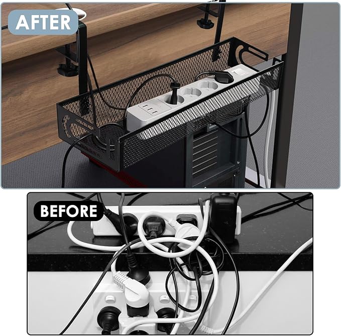 Cable Management, 2 Pack Cable Management Under Desk No Drill, Metal Cord Organizer with Clamp for Standing Desk, Cable Organizer for Home Office, Black