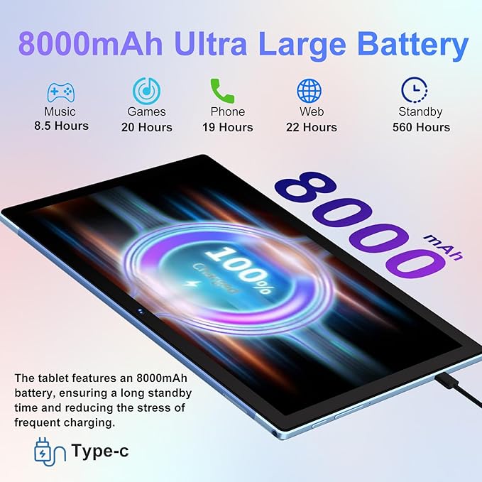 Android Tablet with Keyboard, 10 inch Android 14 Tablets 22GB+128GB, Octa-Core CPU, 8000mAh, HD IPS Display, 5G WiFi, BT 5.0, GPS, Widevine L1, 1TB Expandable, Mouse, Split Screen, Metal Body -Blue