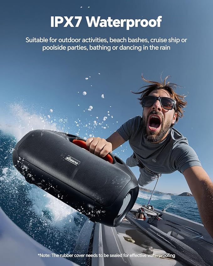 100W Bluetooth Speaker, Outdoor Wireless Boombox with Powerful Bass, RGB Lights, IPX7 Waterproof|30H Playtime|USB-C|TWS|AUX, Portable for Party, Camping, Pool, Beach, Backyard-Black