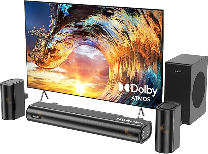 Hiwill 4.1ch Sound Bar with Dolby Atmos, 300W Sound Bar for Smart TV with Subwoofer, 2 Front Surround Speakers, Soundbar for TV Speaker, Adjustable Bass, Surround Sound System for TV, HiElite A41