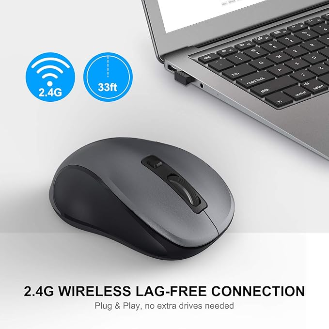 WisFox 2.4G Wireless Mouse for Laptop, Ergonomic Computer Mouse with USB Receiver and Type-C Adapter, 3 Adjustable Levels DPI, 6 Button Cordless Wireless Mice (Grey)