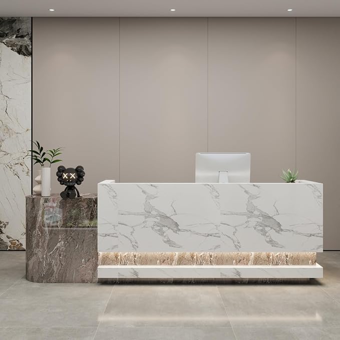 Front Desk Reception Counter - Lockable Storage & Keyboard Tray | Reception Desk with Counter, Customizable Large Counter Table (Grey+White, 108'')