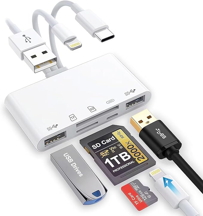 SD Card Reader for iPhone/iPad, 5-in-1 Universal Memory Card Reader for SD/TF Card/USB Drive, USB-C/Lightning/USB Connector Compatible with iPhone 16/iPad Pro/Galaxy/MacBook/Dell etc.