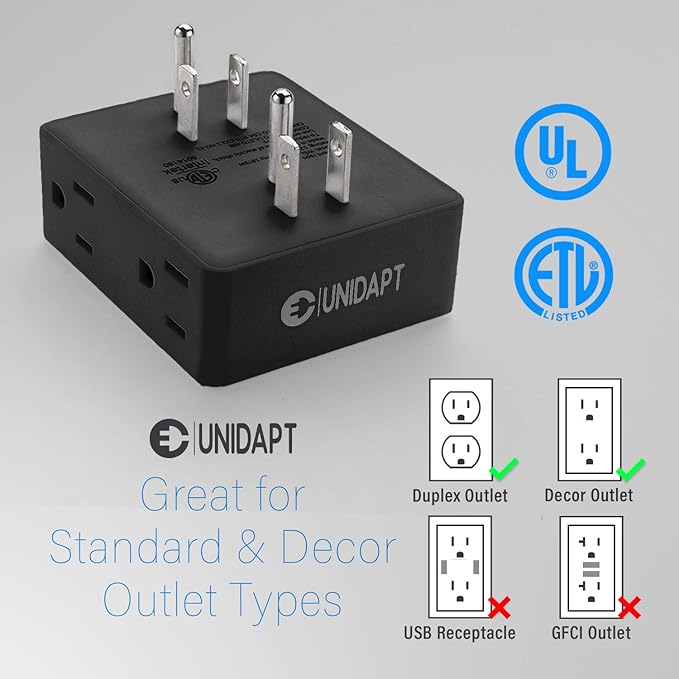 Multi Plug Outlet Splitter, Unidapt Multiple Outlets Extender Adapter with 6 AC Sockets, Side Splitter Box, Wall Power Plug Expander for Home Hotel Office Dorm Essentials, 2-Pack (Black)
