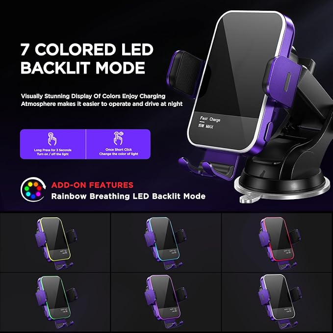 Wireless Car Charger,【7 Colored RGB Backlit】15W Auto Clamping Car Charger Phone Mount Holder for iPhone 16 15 14 13 12 Mini Pro Max 11, Samsung Galaxy S24 Ultra S23 S22 S21+ S10+ Note 20, etc - Purple