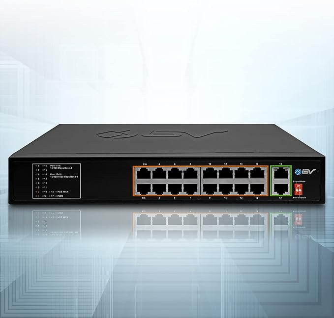 BV-Tech 18 Ports Long Range PoE+ Switch (16 PoE+ Ports | 2 Gigabit Ethernet uplink) - 19" Rackmount - 135W - 802.3af/at -Desktop Design for Easy Set Up