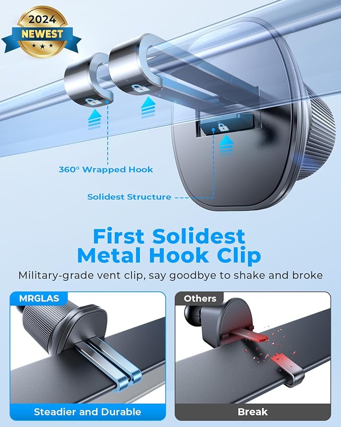 Phone Holders for Your Car with Double Metal Hook Clip, 【One-Hand Operation】 Air Vent Cell Phone Car Mount, Universal Automobile Cradle Fit for iPhone Android and All Smartphones, Dark Black