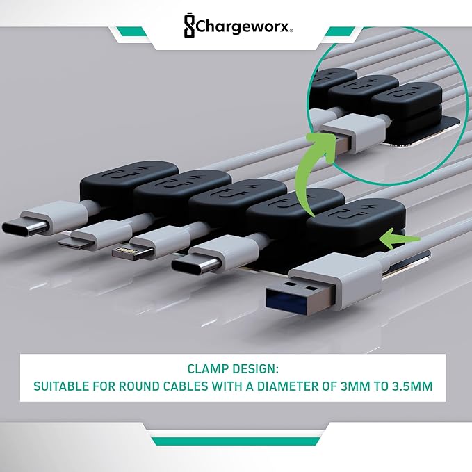 ChargeWorx Pack of 5 Magnetic Cable Clips, Cord Organizer for Office Desk, Nightstand, Car, or Wall, Adhesive Wire Holder for USB-C, Micro-USB, and Lightning Cables, Magnet Clips for Cable Management