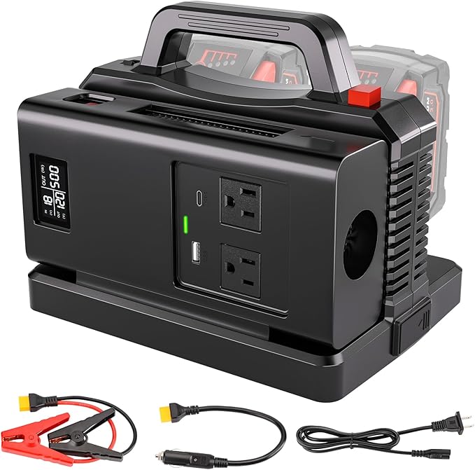 500W Pure Sine Wave Power Inverter for Milwaukee M18 18V Battery, 2-Ports DC 18V to AC(2 Outlets) 120V Car Charger Plug Inverter Adapter Converter for Camping, Emergencies(Tool Only)