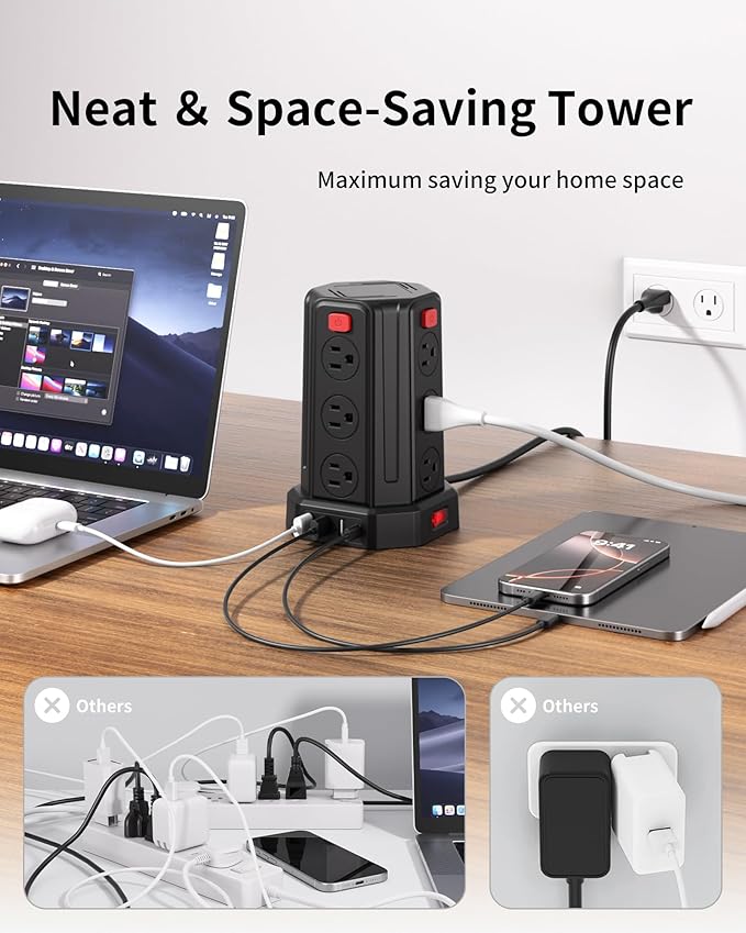 Power Strip Surge Protector, 6.5 Ft Extension Cord with 12 AC Multiple Outlets 4 USB (1 USB C), SMALLRT Power Tower Desktop Charging Station (Black, 6.5 Ft)