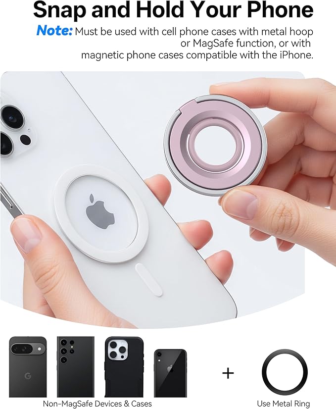 [2025 Newest] Magnetic Phone Grip for MagSafe Ring Holder, Magnet Phone Grip Stand Finger Kickstand Two-Sided Magnetic Compatible with iPhone 16 Pro/Max 15 14 13 12 11 Plus&Android (Pink)