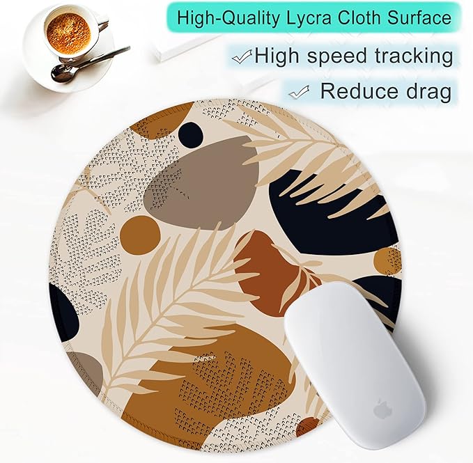 ITNRSIIET Round Mouse Pad with Stitched Edge Premium-Textured Waterproof Non-Slip Rubber Base Desktop Protection Mat Diameter 8.7 inches, Abstract Modern Leaves